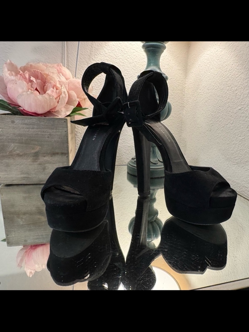 Kurt Geiger Black Platform Peep-Toe Ankle-Tie Suede Heels